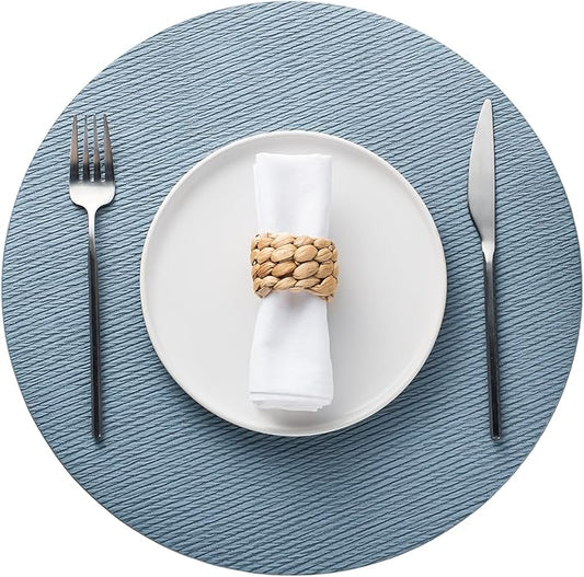 Jovono 15" Faux Leather Big Round Placemats Set of 8 - Washable Heat Resistant Non-Slip Dining Table Mats with Fabric Texture for Kitchen Home Party Decor, Light Blue