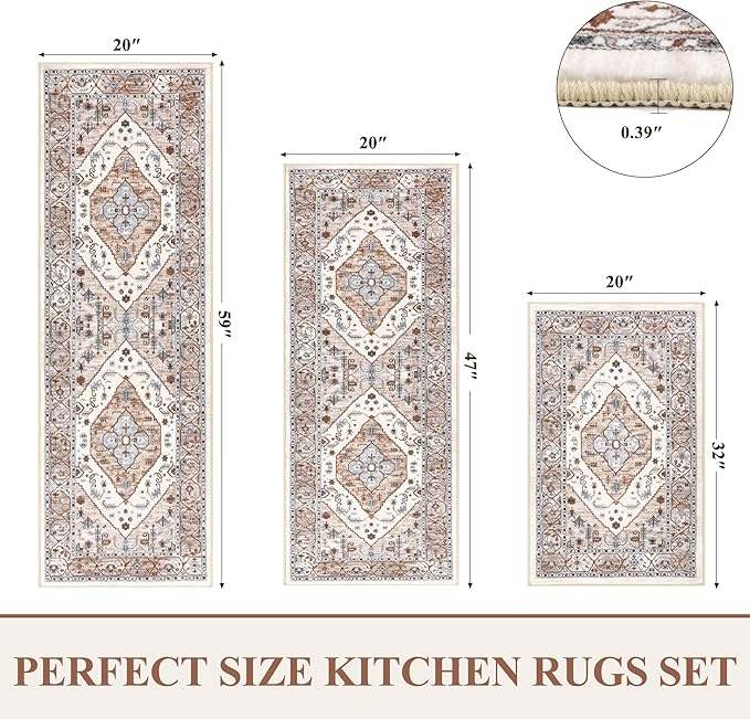 Pauwer Kitchen Rugs Sets of 3 Non Slip Washable Kitchen Mats for Floor Farmhouse Kitchen Floor Mat Runner Rug Boho Kitchen Sink Rug Carpet for Kitchen Hallway Laundry Room, Beige