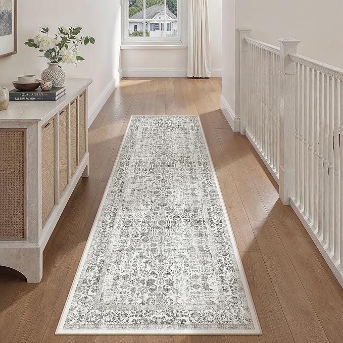 PureCozy Black Runner Rug 2'6"x14' Washable Carpet for Hallway Kitchen Vintage Distressed Non Slip Indoor Retro Floral Bedroom Accent Throw Long Rug Bathroom Office Laundry Dining Living Room