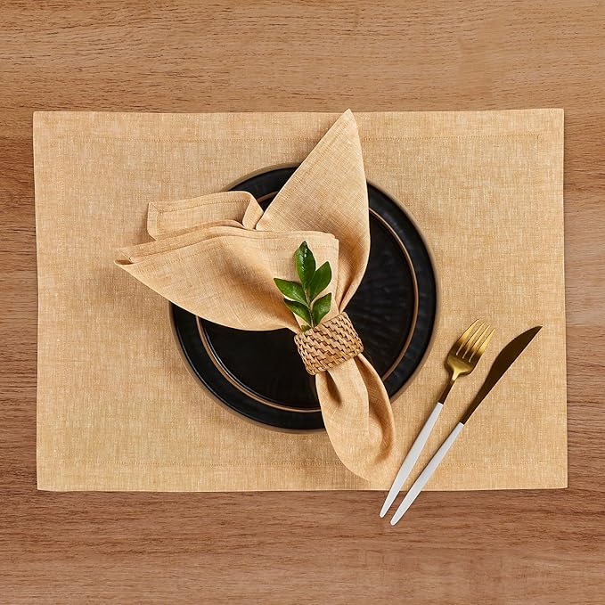 Solino Home Linen Cloth Placemats Set of 4 - 100% Pure Linen Golden Nugget Placemats 14 x 19 Inch for Spring, Easter - Athena