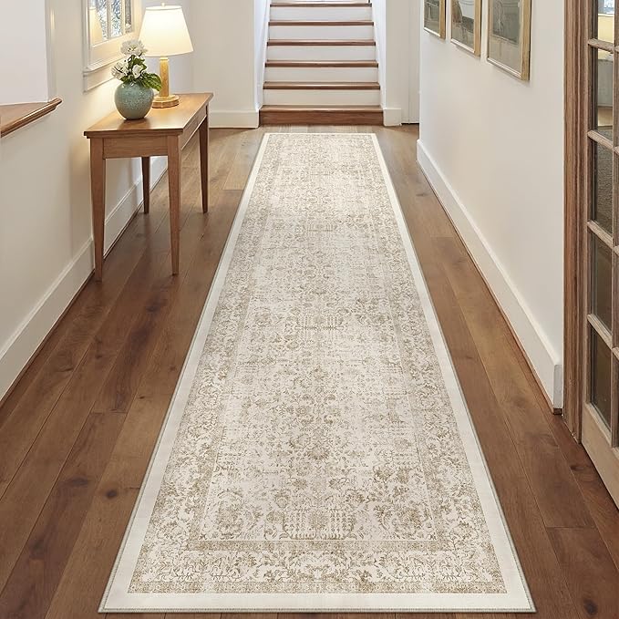 PureCozy Light Brown Runner Rug 2x12 Hallway Machine Washable Kitchen Vintage Distressed Non Slip Long Carpet Indoor Retro Floral Bedroom Accent Throw Rug for Bathroom Office Laundry Dining Room