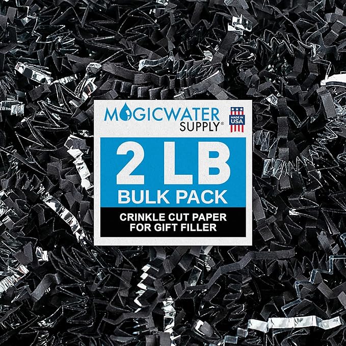 MagicWater Crinkle Cut Paper for Gift Baskets - 2LB - Black & Silver - Perfect for Shredded Paper Filler, Basket Filler, Gift Boxes, Bridesmaid Gifts, Christmas Stuffers & More – For All Occasions