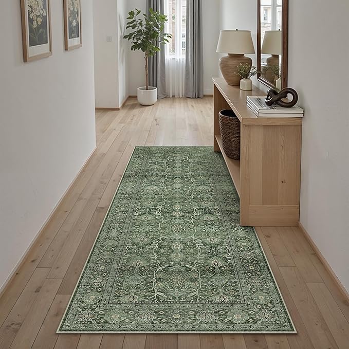 PureCozy Green Runner Rug 2x6 Hallway Washable Carpet Soft Vintage Indoor Kitchen Non Slip Bedroom Traditional Retro Distressed Thicker Throw Long Rug Bathroom Laundry Entryway Office Dining Room
