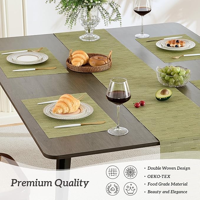 Leetaltree Pea Green Table Runner and Placemats Set of 5, Heat Resistant Non-Slip Place mats for Dining Table, Washable Durable PVC Vinyl Woven Table Mats Set