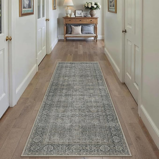 PureCozy Grey Brown Runner Rug 2x6 Vintage Carpet Hallway Long Indoor Kitchen Washable Living Room Low Pile Traditional Distressed Retro Accent Throw Rug Non Slip Laundry Bathroom Office Dining Room