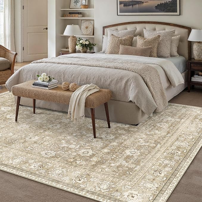 HUGEAR 6x9 Machine Washable Rugs Beige Hallway Large Area Rug Indoor Accent Rug Floral Low Pile Carpet Soft Throw Aesthetic Rug Bedroom Living Room Office Dining Room Kitchen Laundry Room