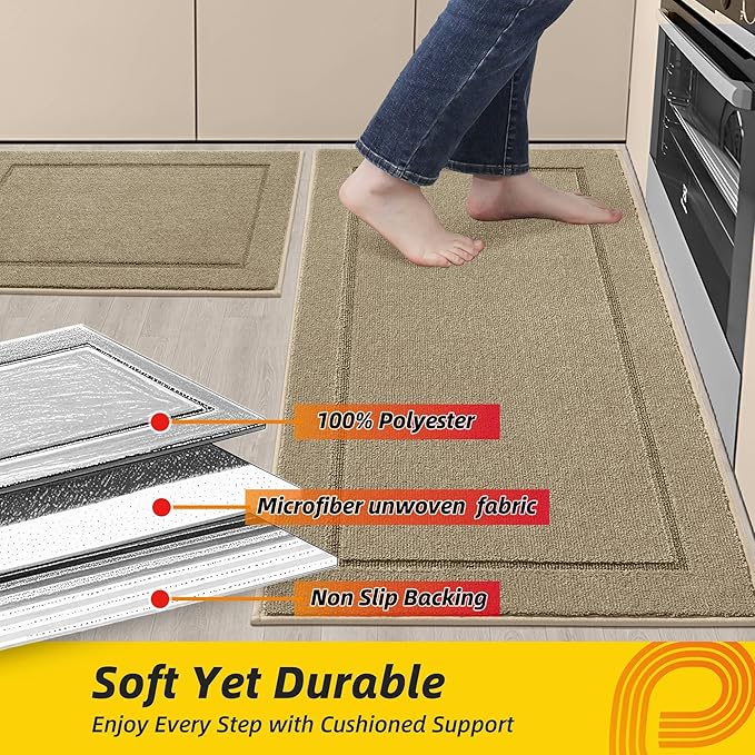 JSEI Non-Slip Kitchen Mats, Self Adhesive No Sliding Kitchen Rugs Set of 2, Washable Absorbent Floor Mat for Kitchen, Bathroom, Laundry Room, Bedroom, 20”x32”+32”x48”, Beige, Rectangular Pattern
