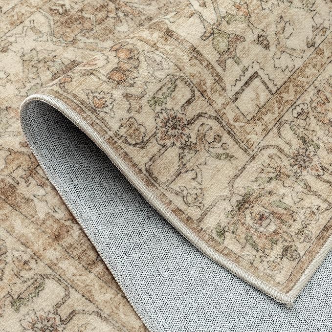 PureCozy Brown Multi Area Rug 6x9 Vintage Washable Distressed Living Room Carpet Large Indoor Non Slip Traditional Medallion Retro Low Pile Accent Throw Rug Bedroom Kitchen Office Dining Room