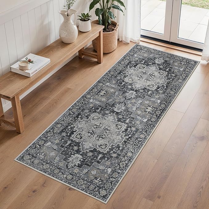 BESBLEE Runner Rug 2'6''x6, Machine Washable Runners, Non Slip Vintage Hallway Runner Rugs, Low Pile Lightweight Mat for Entryway, Hallway, Kitchen and Corridor, Dark Gray