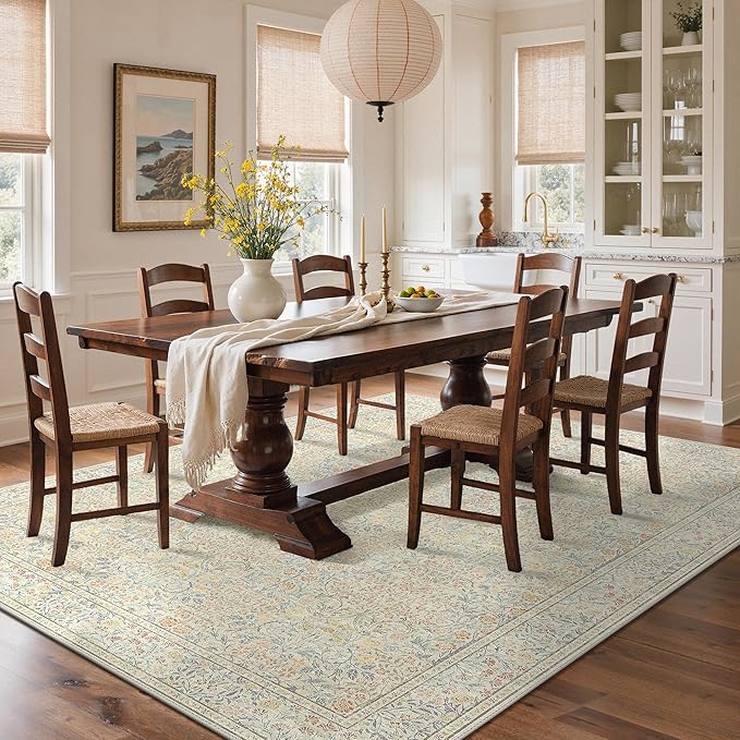 GENIMO 6x9 Area Rug for Living Room, Washable Vintage Floral Low-Pile Non-Slip Large Carpet for Bedroom Dining Room, Stain Resistant Botanical Indoor Rug (Beige)