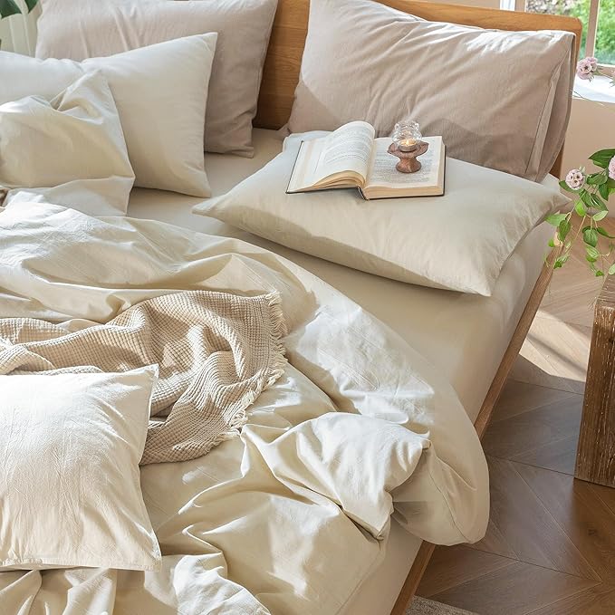MooMee Bedding Duvet Cover Set 100% Washed Cotton Linen Like Textured Breathable Durable Soft Comfy (Heathered Almond Milk Grey, Oversized Full 82"x86")