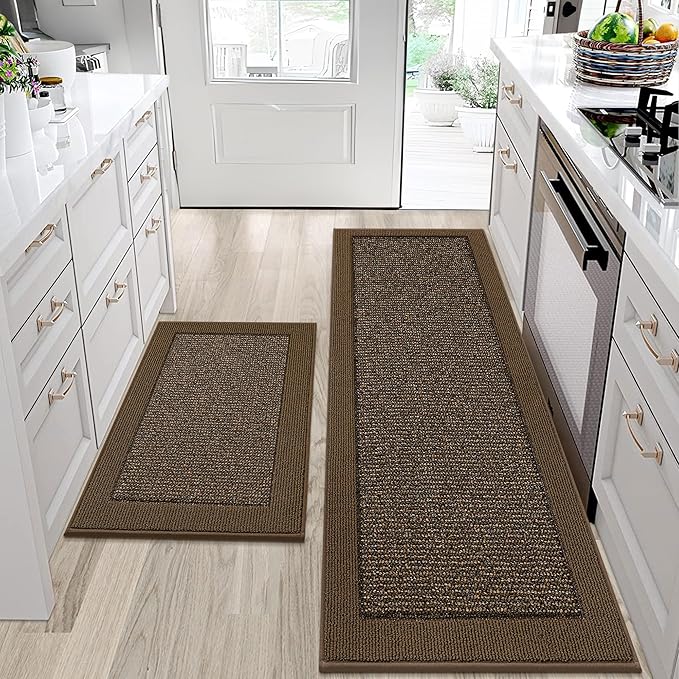 BEQHAUSE Kitchen Rugs and Mats Set of 2 Non-Slip Kitchen Mats for Floor, Absorbent and Stain Resistant Kitchen Runner, Machine Washable Rugs for Kitchen, Laundry & Sink, 24"x36"+24"x60", Brown