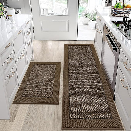 BEQHAUSE Kitchen Rugs and Mats Set of 2 Non-Slip Kitchen Mats for Floor, Absorbent and Stain Resistant Kitchen Runner, Machine Washable Rugs for Kitchen, Laundry & Sink, 24"x36"+24"x60", Brown