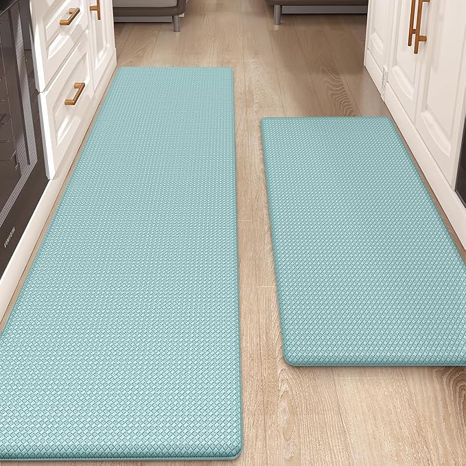 Color&Geometry Anti Fatigue Cushion Padded Kitchen Mat for Floor - 17x29+17x59,Easy Clean, Waterproof & Oil Proof, Anti Slip, Foam Rubber Runner Rug for Front Sink Comfort Standing, Teal Set of 2