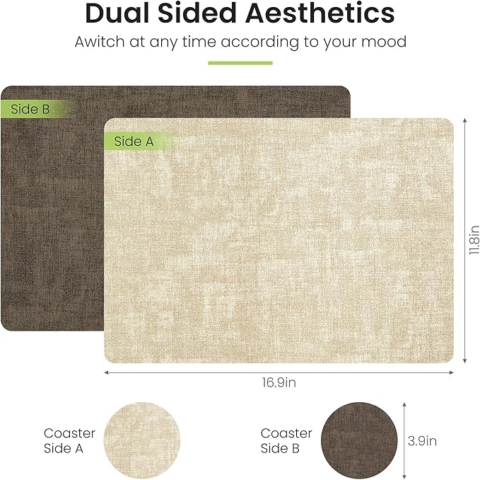 Placemats Set of 4, Faux Leather Heat Resistant Wipeable Placemats, Dual Sided Waterproof Washable Table Mats with Coaster, Suitable for Kitchen, Dining, Table Decor (4, Beige Dark Coffee)
