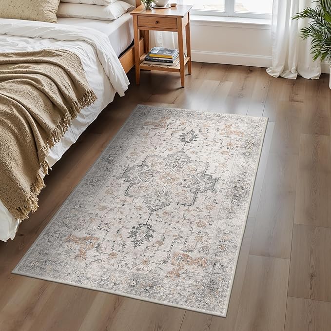 BESBLEE 3x5 Area Rugs for Living Room, Machine Washable Non Slip Vintage Rugs, Low Pile Lightweight Print Rug for Bedroom, Dining Room, Home Office, Light Taupe Brown