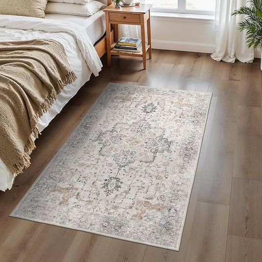 BESBLEE 3x5 Area Rugs for Living Room, Machine Washable Non Slip Vintage Rugs, Low Pile Lightweight Print Rug for Bedroom, Dining Room, Home Office, Light Taupe Brown