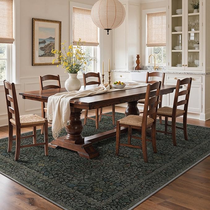GENIMO 8x10 Area Rug for Living Room, Washable Vintage Floral Low Pile Non-Slip Large Carpet for Bedroom Dining Room, Stain Resistant Botanical Indoor Rug (Charcoal Green)