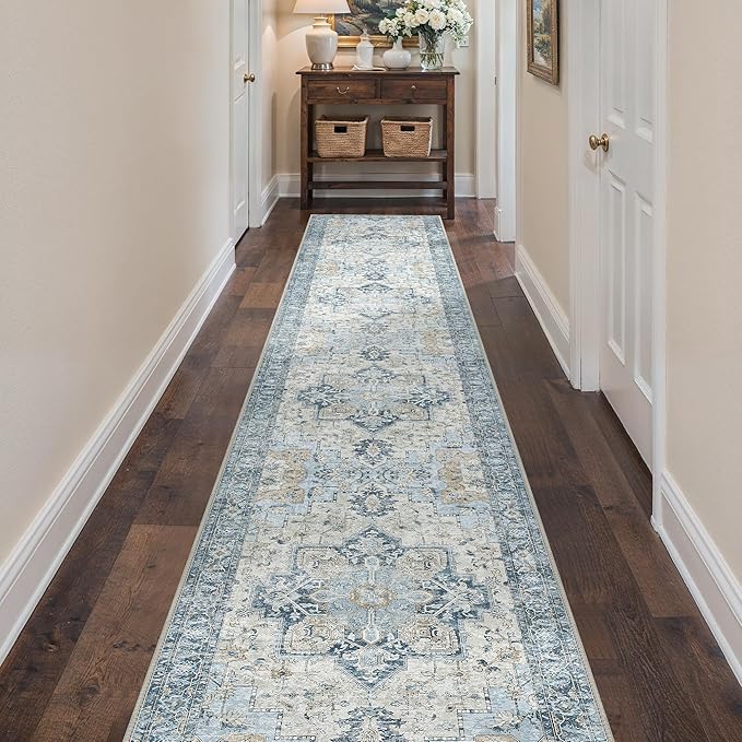 BESBLEE Runner Rug 2'6''x14, Non Slip Vintage Machine Washable Hallway Runner Rugs, Low Pile Lightweight Mat for Hallway, Entryway, Bedroom, Kitchen and Corridor, Blue