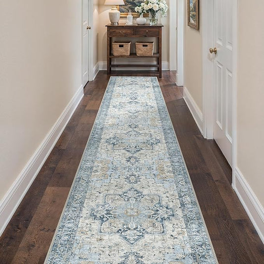 BESBLEE Runner Rug 2'6''x14, Non Slip Vintage Machine Washable Hallway Runner Rugs, Low Pile Lightweight Mat for Hallway, Entryway, Bedroom, Kitchen and Corridor, Blue