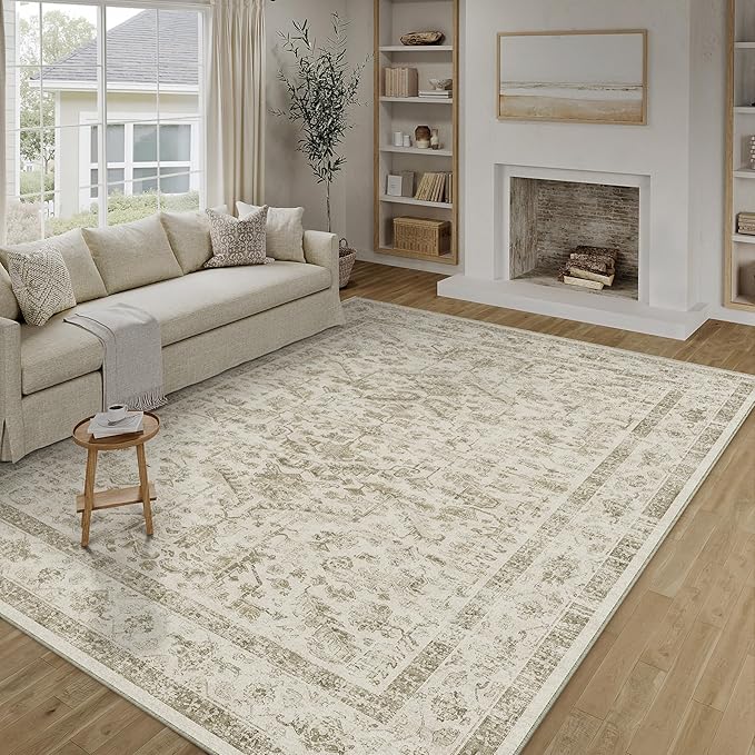 PureCozy Taupe 8x10 Area Rug Vintage Washable Living Room Carpet Non Slip Bedroom Indoor Office Low Pile Large Traditional Distressed Retro Accent Rug for Dining Room Bathroom Kitchen