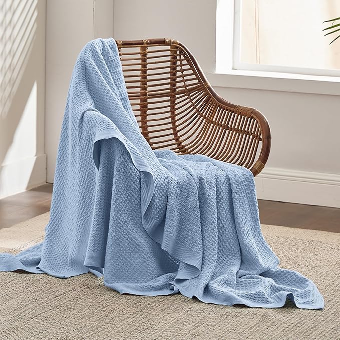 Bedsure Gentlesoft 100% Cotton Large Throw Blanket for Couch 50x70 inches - Breathable and Soft for Spring Summer, Waffle Weave Throw Blanket for Office, Sky Blue