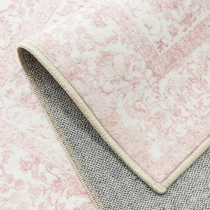 PureCozy Pink Entryway Area Rug 2x3 Door Mat Machine Washable Kitchen Vintage Distressed Non Slip Carpet Indoor Retro Floral Accent Throw Small Rug for Bathroom Office Bedroom Dining Room