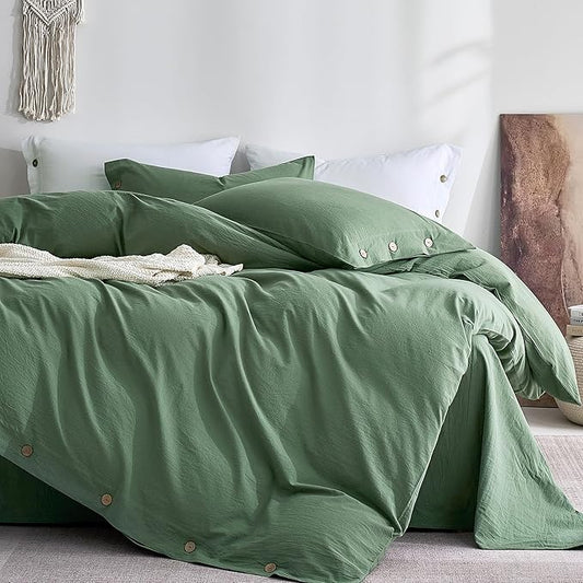 JELLYMONI 100% Washed Cotton Duvet Cover Twin – Soft, Breathable Linen-Look Bedding with Natural Wrinkle Texture, Button Closure, 2-Piece Set (Dusty Green, 68"x90")