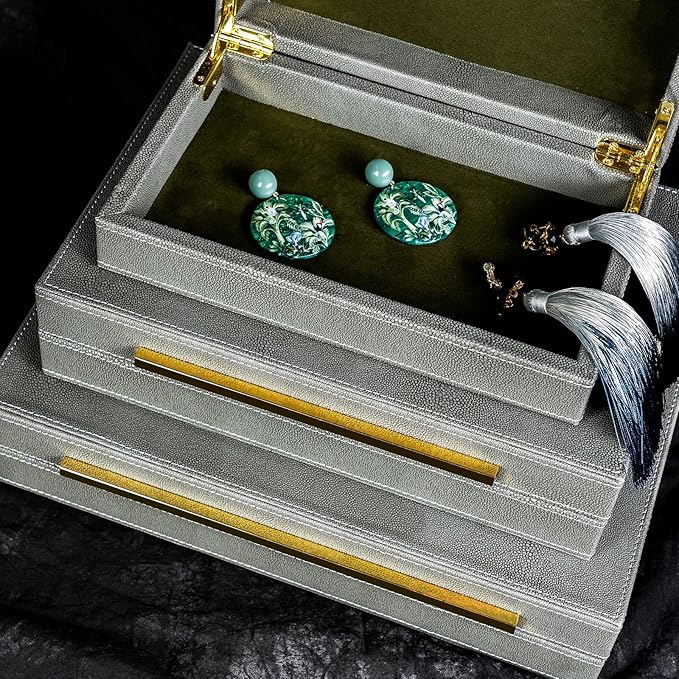 XINSTAR Faux Dark Grey Shagreen Leather Decorative Boxes,Decorative Storage Boxes With Lids 3 Pcs Set,Storage Boxes Jewelry Organizer,Women'S Accessory Organizer Men'S Jewelry Organizer