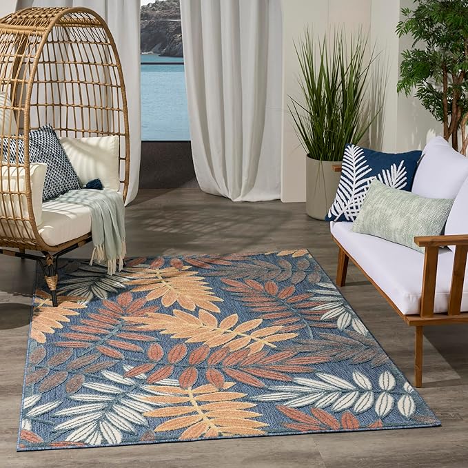 Nourison Home Aloha Blue Rose 5'3" x 7'5" Area Rug - Easy Clean, Non Shedding, Bed Room, Living Room, Dining Room, Kitchen (5' x 8')