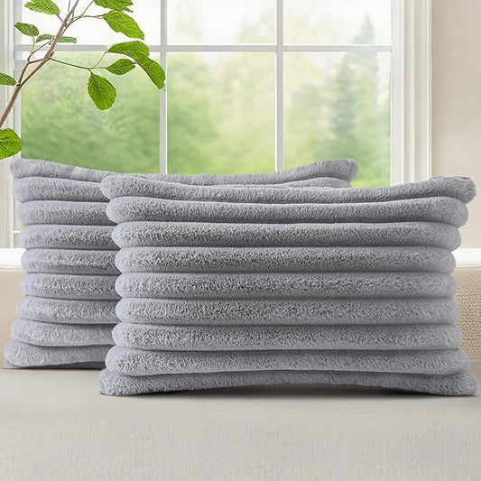 decorUhome Faux Fur Spring Throw Pillow Covers 12x20 Set of 2, Decorative Soft Plush Striped Lumbar Neutral Couch Pillow Covers with Velvet Back for Sofa, Bed, Living Room Home, Grey