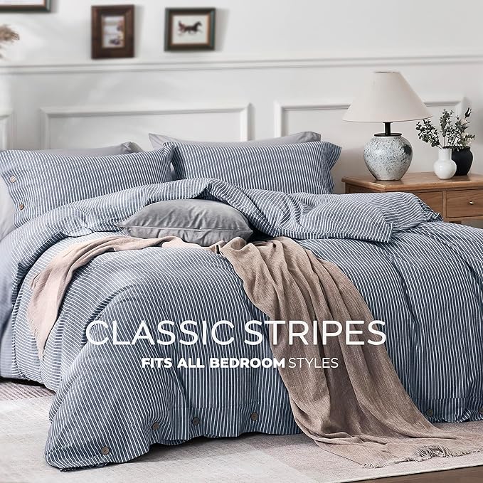 JELLYMONI Cotton Duvet Cover Twin Size - Blue Vertical Pinstriped Comforter Cover with Button 100% Washed Cotton 2PCS Breathable Soft Solid Bedding Set Duvet Cover 68×90in & 1 Pillowcase (NO Insert)