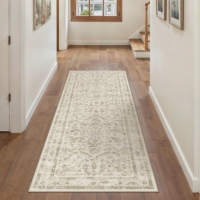 PureCozy Taupe 2x6 Runner Rug Vintage Area Carpet Hallway Indoor Kitchen Washable Low Pile Traditional Distressed Retro Accent Throw Rug Non Slip for Laundry Bathroom Office
