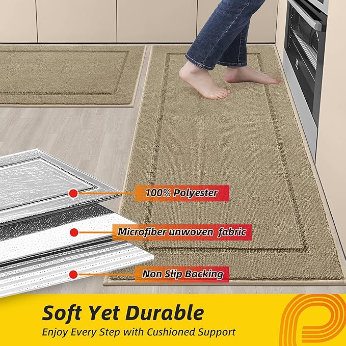 JSEI Non-Slip Kitchen Mats, Self Adhesive No Sliding Kitchen Rugs Set of 2, Washable Absorbent Floor Mat for Kitchen, Bathroom, Laundry Room, Bedroom, 24”x36”+24”x60”, Beige, Rectangular Pattern