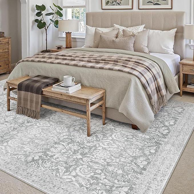 PureCozy Gray 5x7 Area Rug Washable Vintage Living Room Non Slip Carpet Low Plie Soft Indoor Bedroom Retro Grey Accent Throw Large Rug for Office Kitchen Dining Room