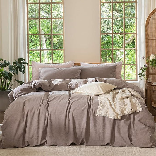 MooMee Bedding Duvet Cover Set 100% Washed Cotton Linen Like Textured Breathable Durable Soft Comfy (Heathered Mauve Brown, Queen 90"x90")