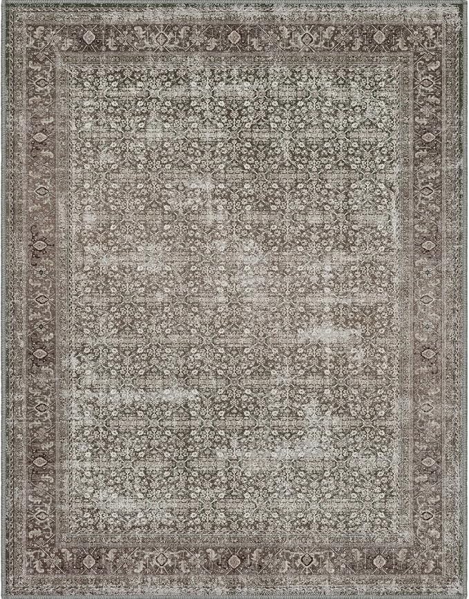 Fortsea Area Rug 9X12 Washable Rug Moss Salmon Vintage Traditional Distressed Thin Retro Kitchen Indoor Floor Cover Non Slip Carpet Floral Print Mat Living Room Bedroom Dining Room (Moss/Salmon 9X12)