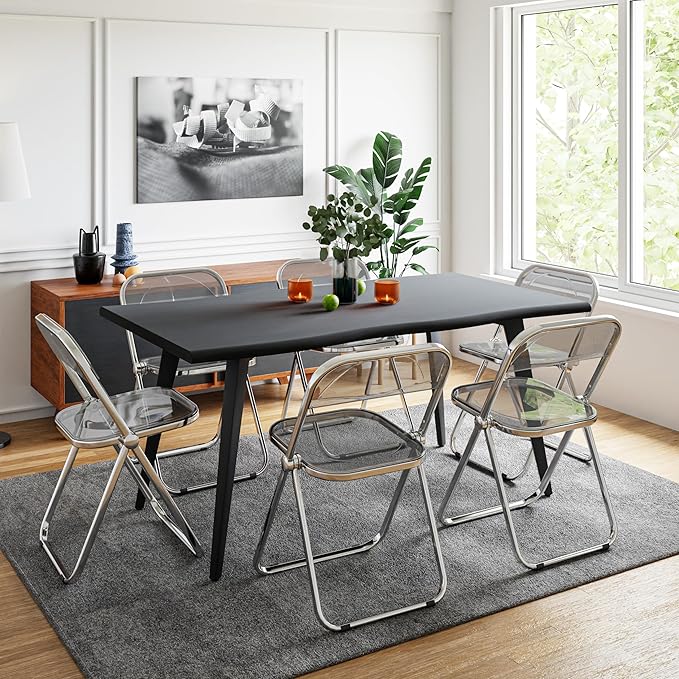 LeisureMod Lawrence Modern Clear Acrylic Folding Chair with Metal Frame, Space-Saving Transparent Seating for Dining Room, Home Office, Bedroom, Vanity or Small Spaces, (Transparent Black, Singles)