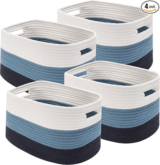 4 Pack Woven Storage Baskets for Organizing - Cotton Rope Baskets for Closet, Toys, Books, Towels, Durable Storage Bins for Shelves, Living Room, Bedroom, 12.7''Lx9''Wx7.8''H (Blue, 12.7")