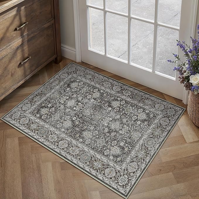 PureCozy Black Entryway Rug 2x3 Vintage Area Carpet Indoor Kitchen Washable Door Mat Living Room Entrance Small Low Pile Traditional Distressed Retro Accent Throw Rug Non Slip Office Bathroom