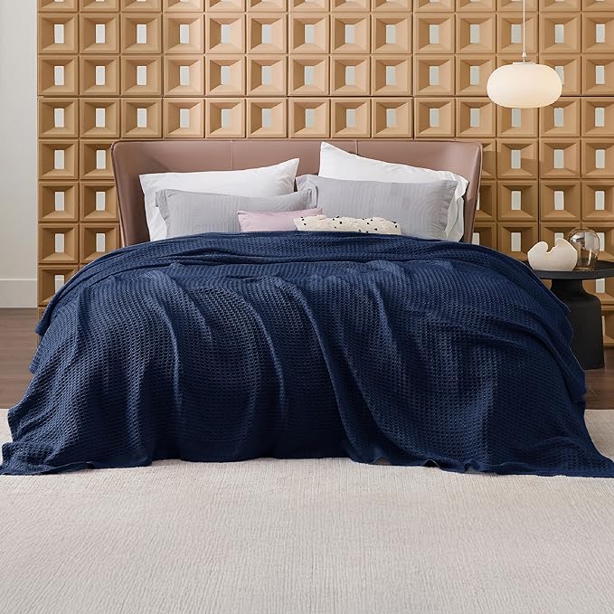 Bedsure Gentlesoft 100% Cotton Blanket Queen Size for Bed - Breathable and Soft for Spring Summer, Thick Cozy Waffle Weave Blanket Gifts for Women, Pageant Blue, 90x90 Inches