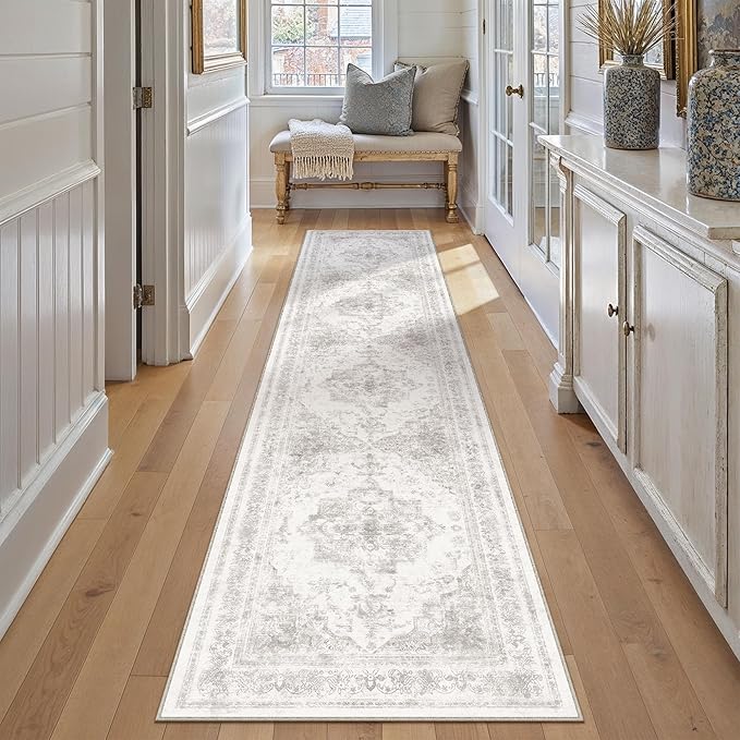 PureCozy Runner Rug 2x12 Washable Light Gray Hallway Runner Vintage Boho Medallion Non Slip Grey Distressed Retro Carpet Indoor Low Pile Long Soft Rug for Kitchen Entryway Bedroom Bathroom Laundry