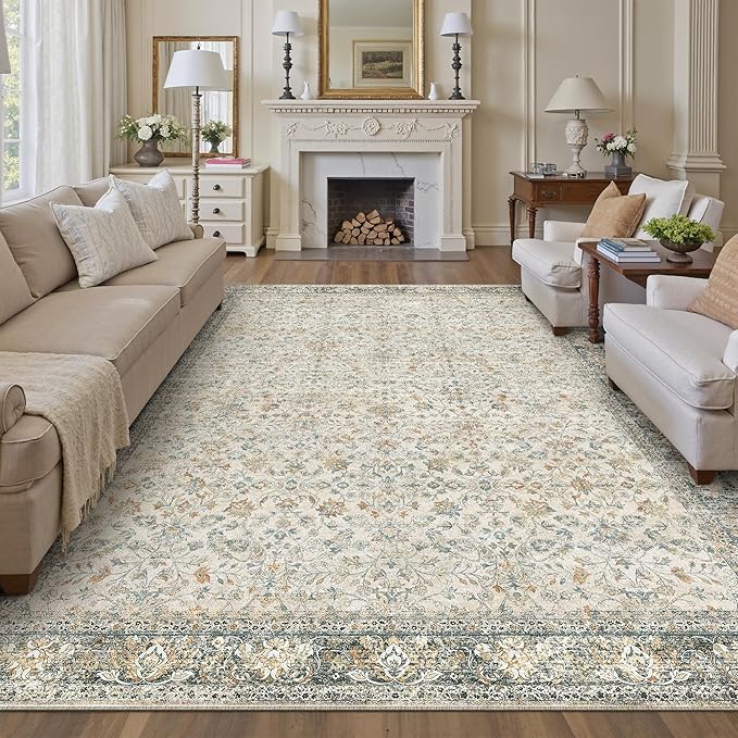 PureCozy Beige Area Rug 8x10 Living Room Machine Washable Vintage Carpet Non Slip Indoor Retro Traditional Accent Throw Large Rug for Office Bedroom Dining Room Playroom