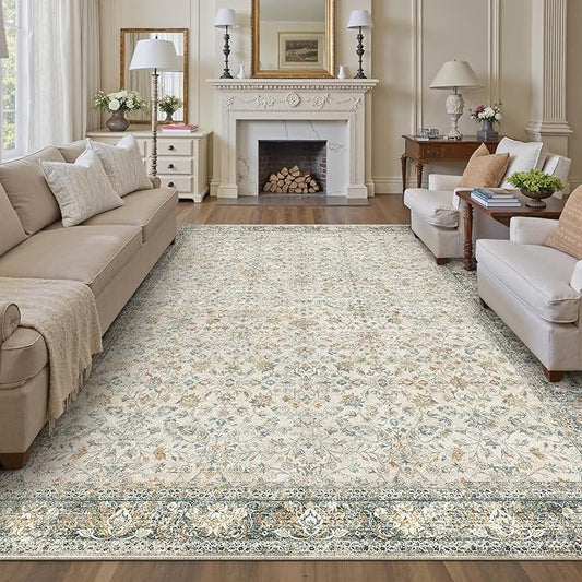 PureCozy Beige Area Rug 8x10 Living Room Machine Washable Vintage Carpet Non Slip Indoor Retro Traditional Accent Throw Large Rug for Office Bedroom Dining Room Playroom