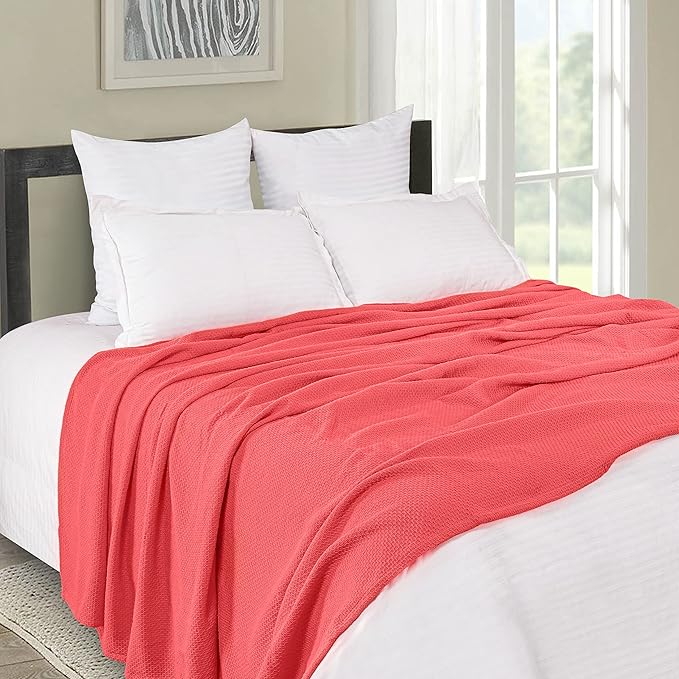 BOUTIQUO 100% Cotton Bed Blanket - Queen Size, Soft Honeycomb Waffle Blanket 90"x90", Perfect for Layering Any Bed for All Season, Coral