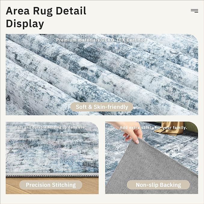 Soalmost 3x5 Rug, Small Area for Kitchen, Entryway, Machine Washable Non-Slip Throw Rug, Vintage Carpet for Nursery Coffee Table Blue