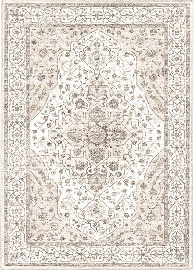 Fortsea 5'x7' Machine Washable Abstract Design Area Rug Machine Washable Area Rugs 5X7, Non Slip, Stain Resistant, Home Decor Living Room Area Rugs 5x7 (Beige Cream 5x7)…