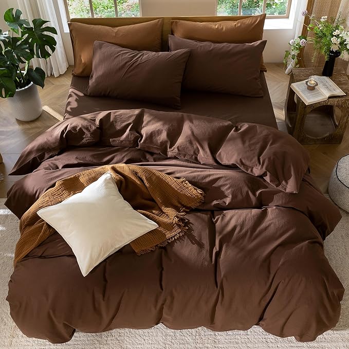 MooMee Bedding Duvet Cover Set 100% Washed Cotton Linen Like Textured Breathable Durable Soft Comfy (Solid Cocoa Brown, Queen 90"x90")