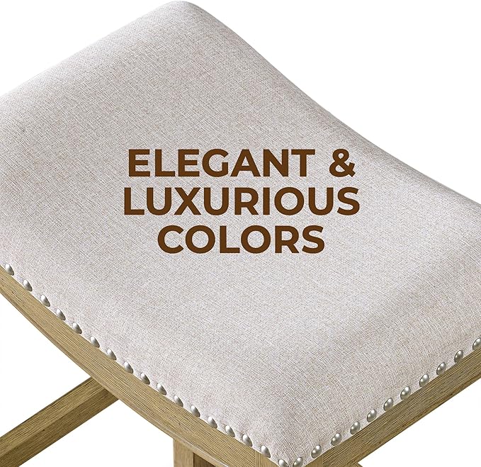 ROME + OAK Parker 26 Inch Counter Stool, Backless Saddle Kitchen Barstool in Natural Wood Finish with Wheat Cream Fabric Upholstery Cushion Seat