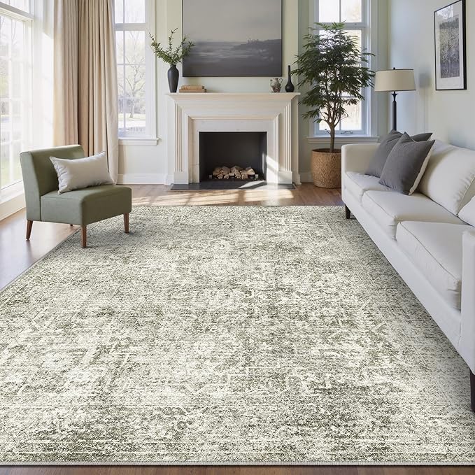 PureCozy 5x7 Area Rug Washable Vintage Neutral Living Room Carpet Large Indoor Non Slip Taupe Bedroom Distressed Low Pile Retro Accent Throw Rug for Dining Room